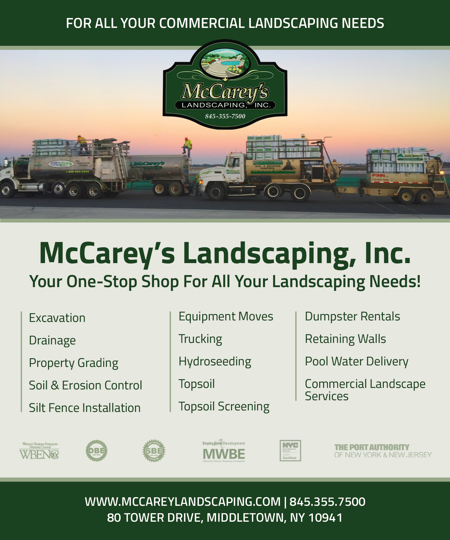 McCarey's Landscaping, Inc., your one-stop shop for all your landscaping needs! Services include excavation, drainage, property grading, soil and erosion control, silt fence installation, equipment moves, trucking, hydroseeding, topsoil/topsoil screening, dumpster rentals, retaining walls, pool water delivery, and commercial landscaping services.